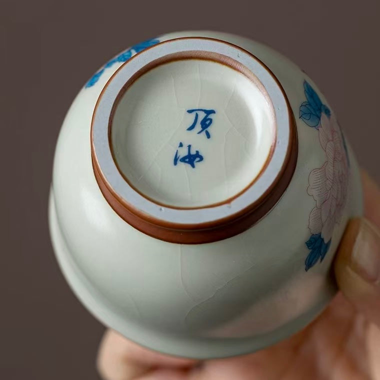 Prosperity Peony Blossom Crackle-Glaze Tea Cup*2