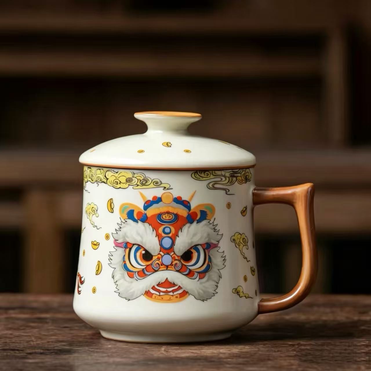 Auspicious Lion Dance Ceramic Mug with Lid