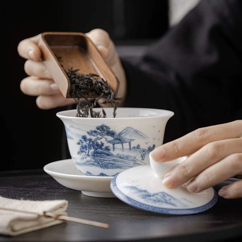 Zen Landscape: Blue &amp; White Porcelain Gaiwan Set