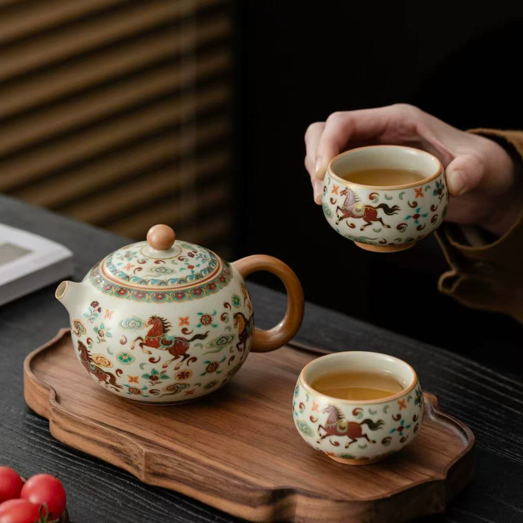 Exquisite Chinese Hand-Painted Horse Motif Tea Set