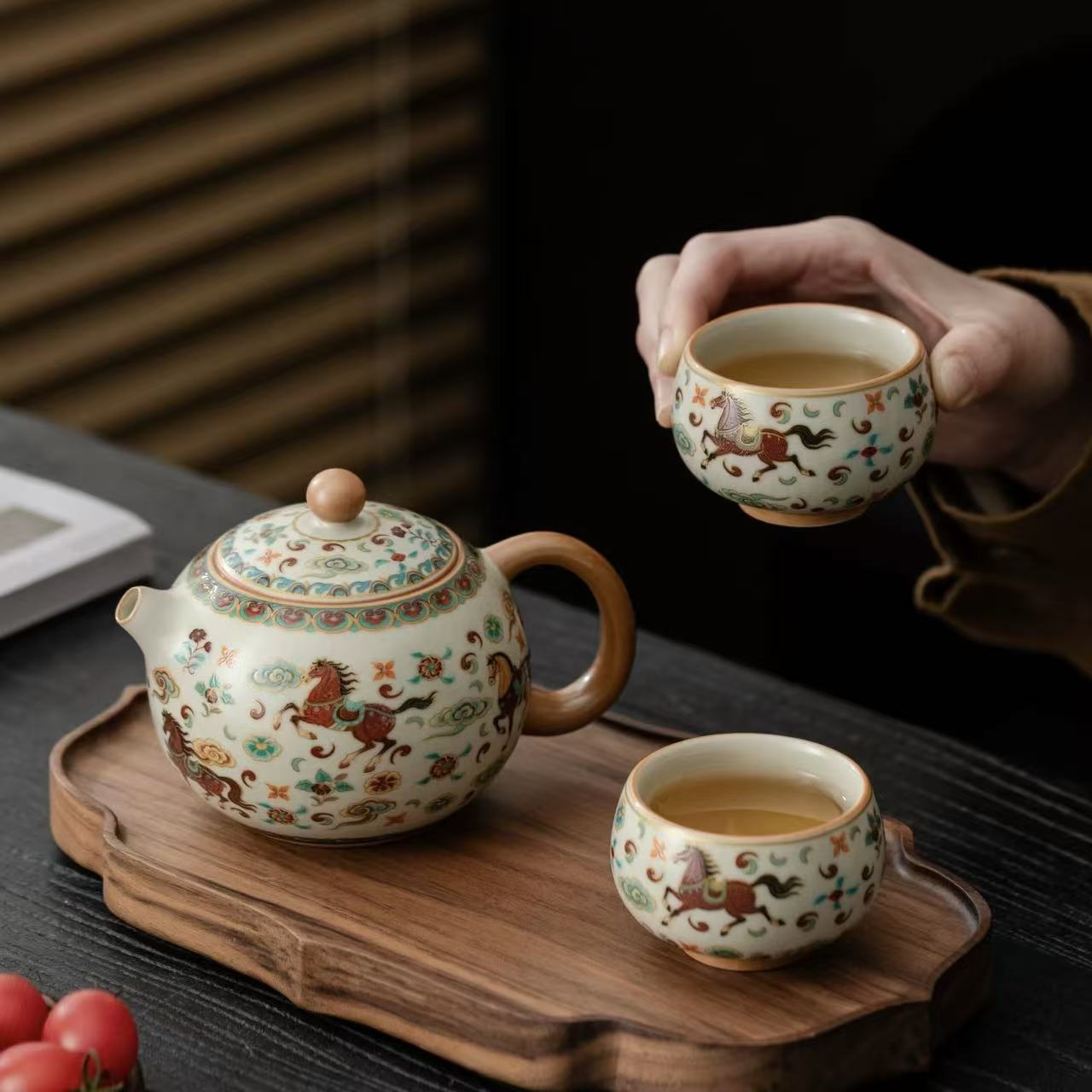 Exquisite Chinese Hand-Painted Horse Motif Tea Set
