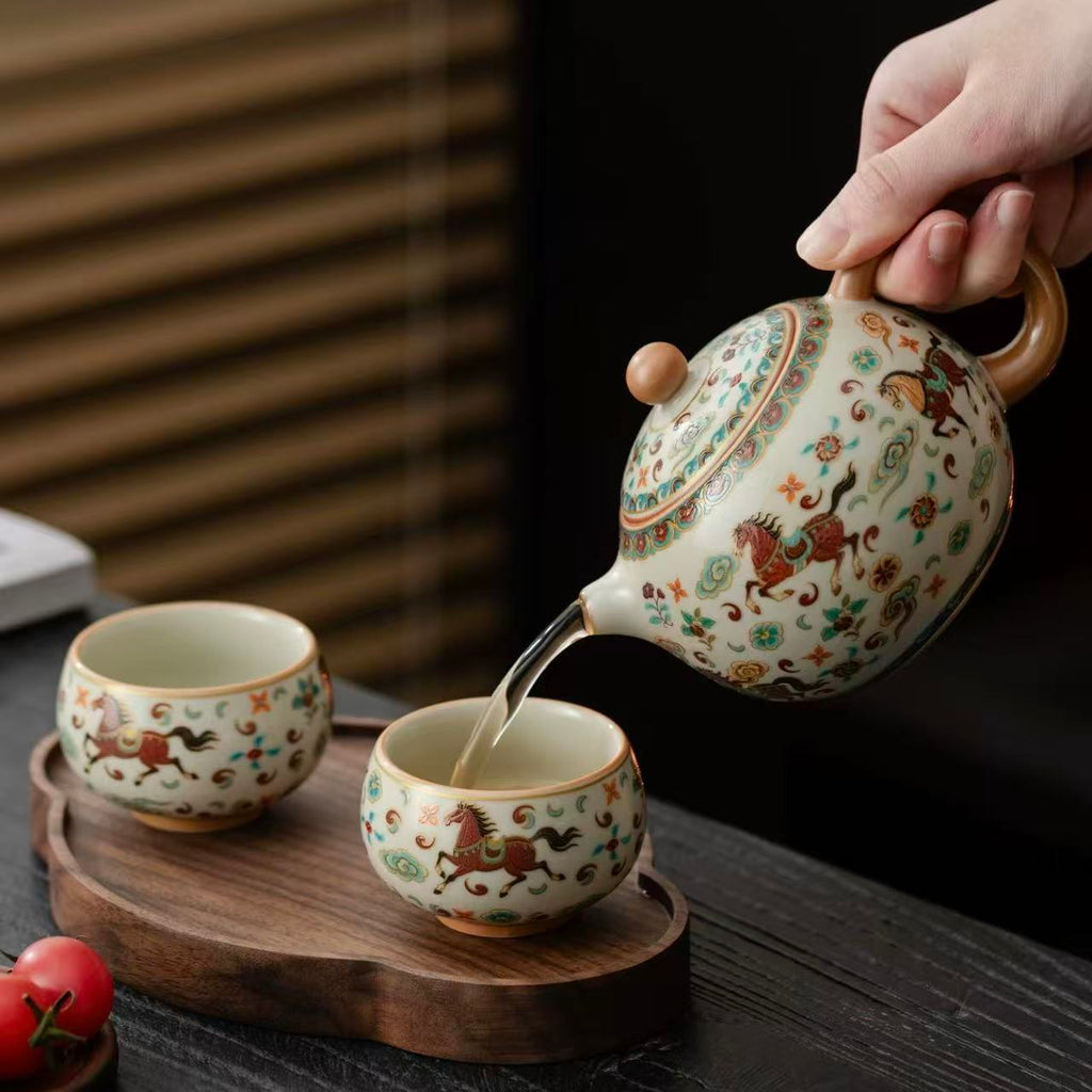 Exquisite Chinese Hand-Painted Horse Motif Tea Set