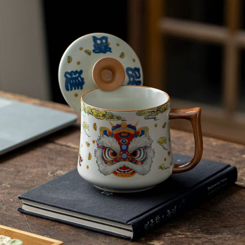 Auspicious Lion Dance Ceramic Mug with Lid