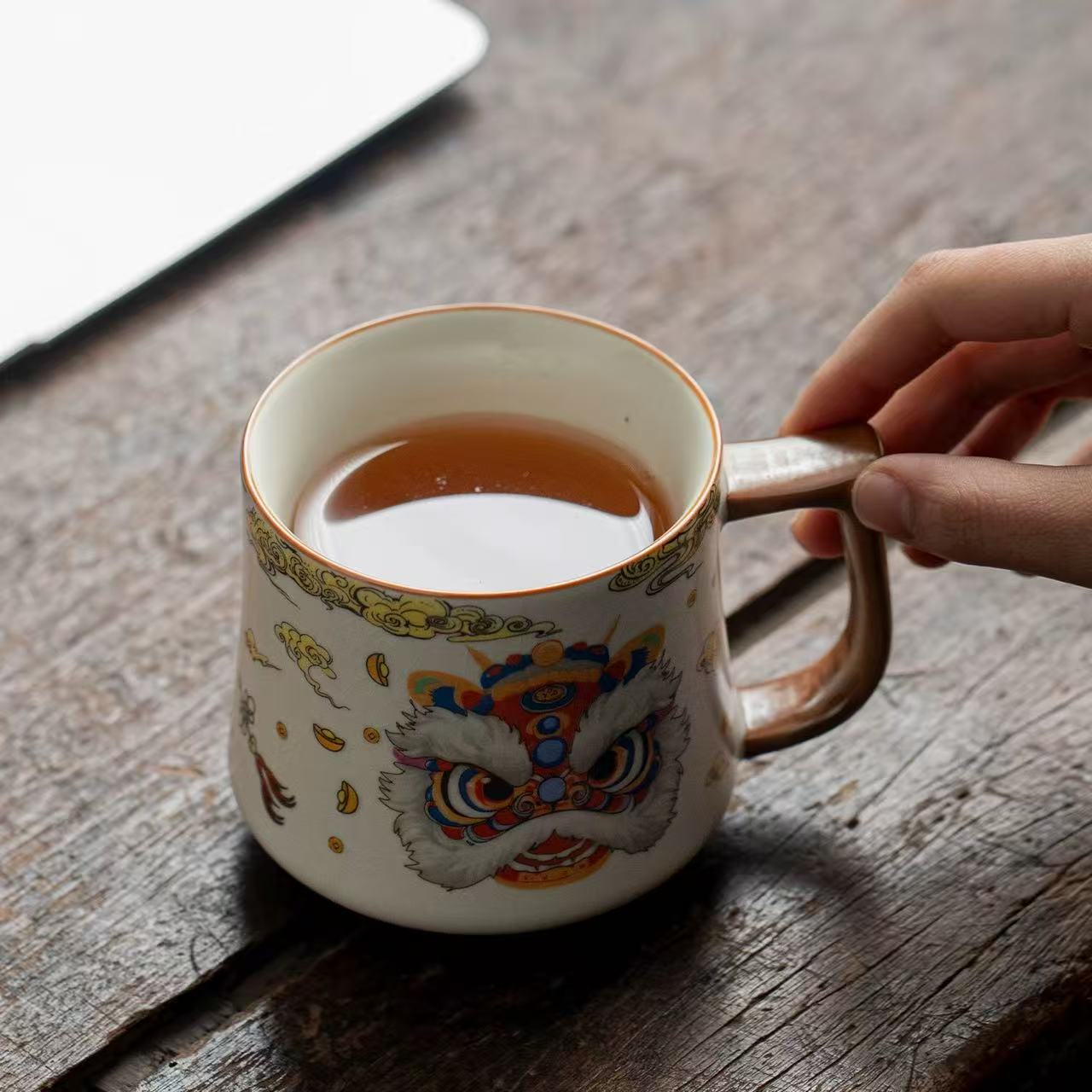 Auspicious Lion Dance Ceramic Mug with Lid