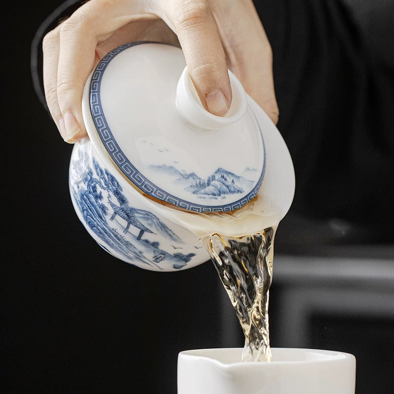 Zen Landscape: Blue &amp; White Porcelain Gaiwan Set