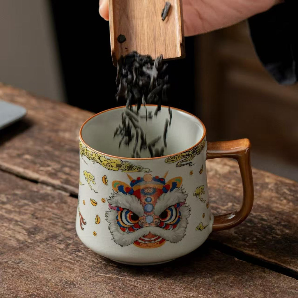Auspicious Lion Dance Ceramic Mug with Lid