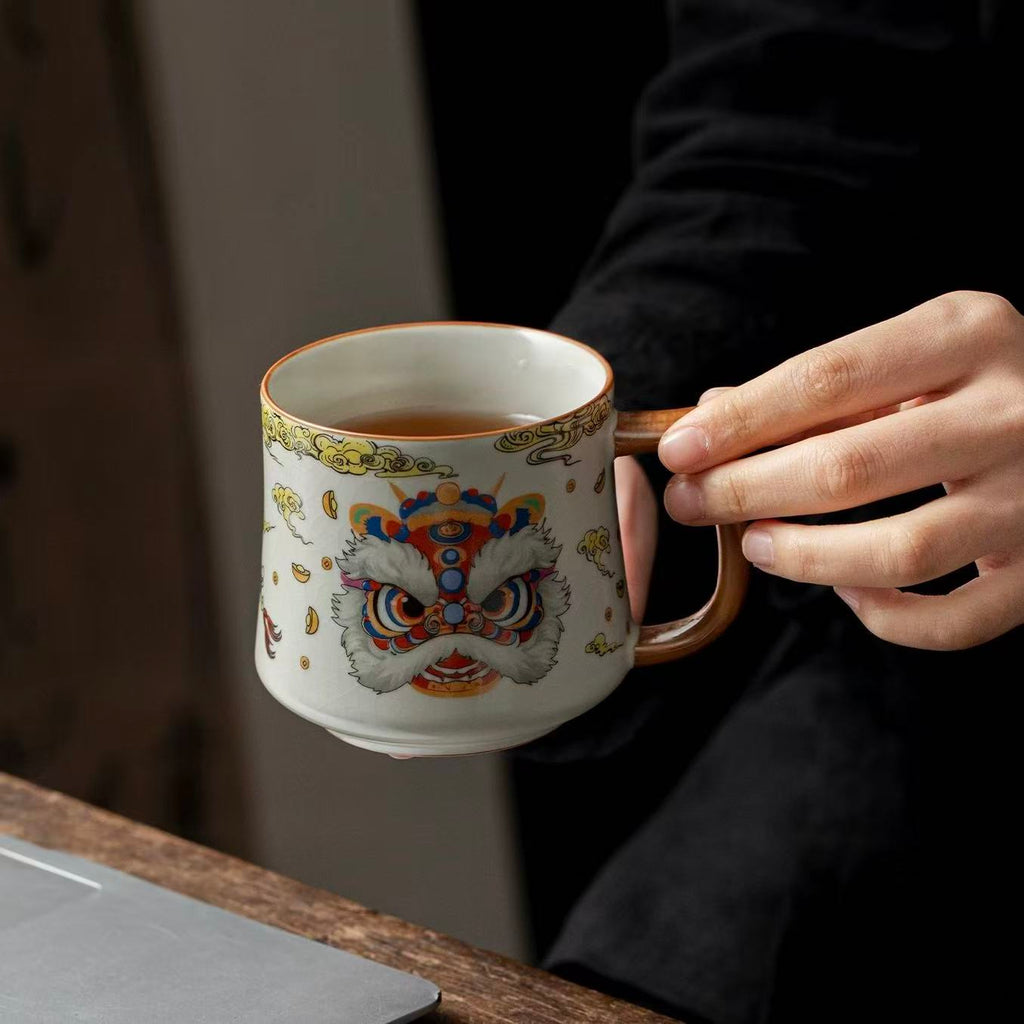 Auspicious Lion Dance Ceramic Mug with Lid