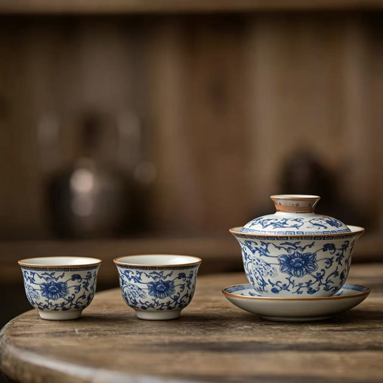 Classic Blue and White Intertwining Lotus Gaiwan Set