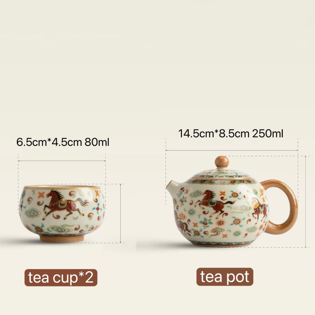 Exquisite Chinese Hand-Painted Horse Motif Tea Set