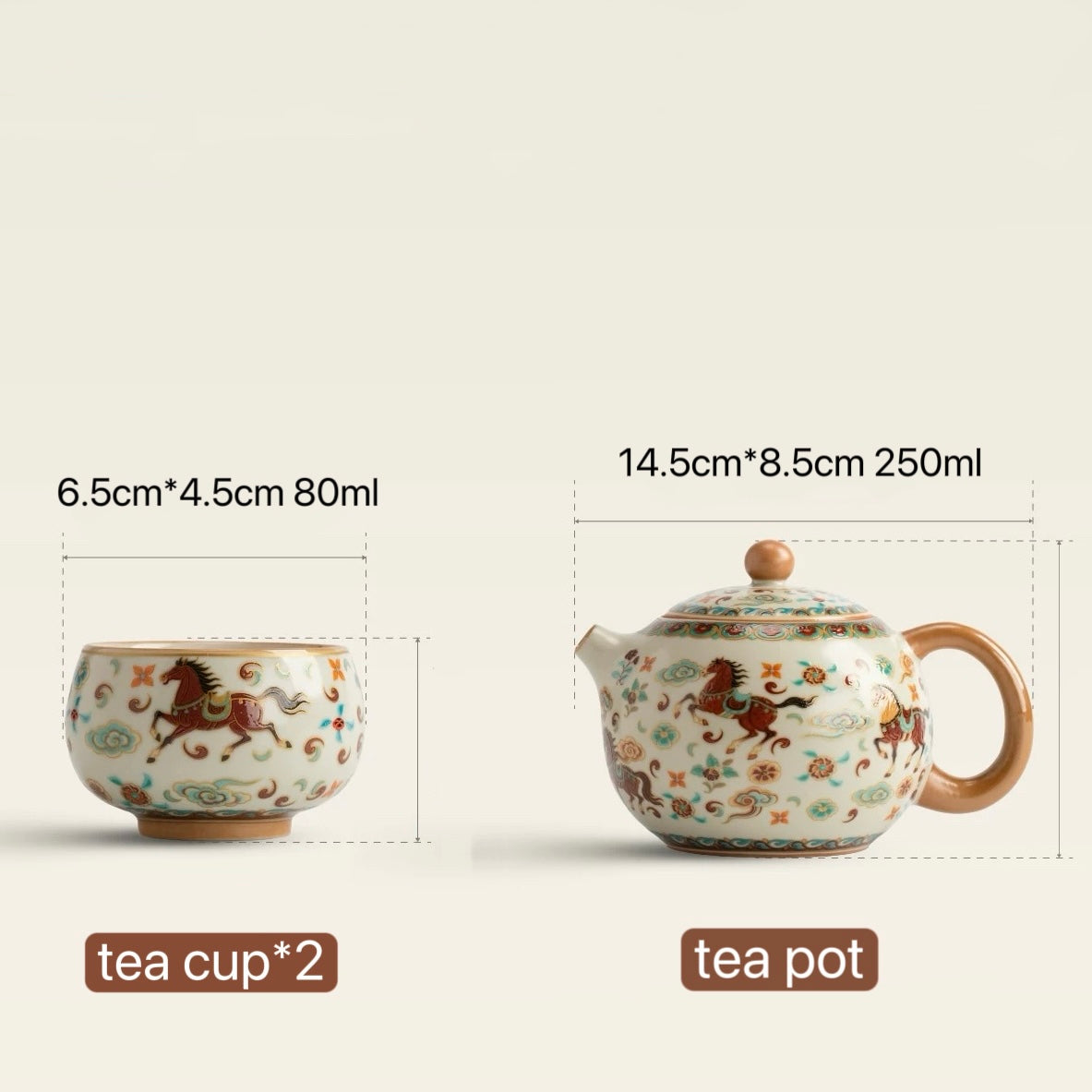 Exquisite Chinese Hand-Painted Horse Motif Tea Set