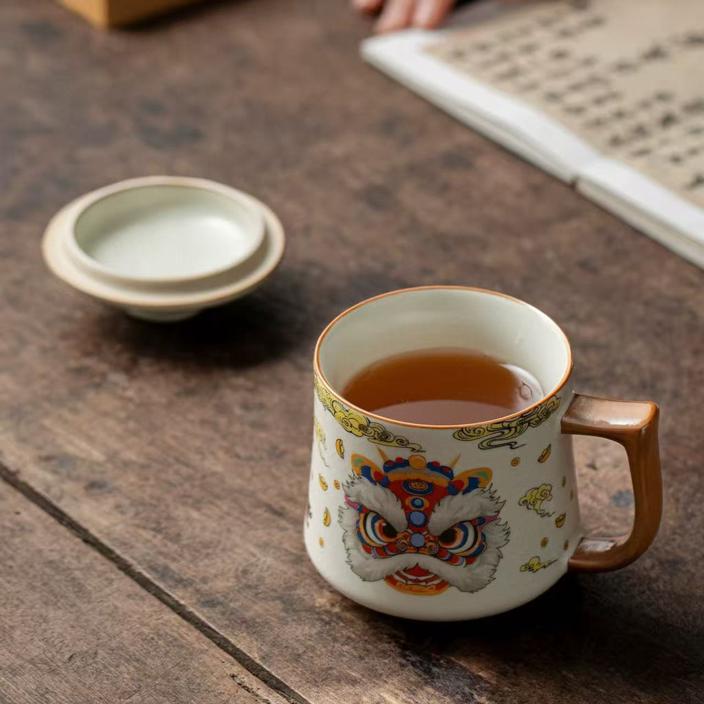 Auspicious Lion Dance Ceramic Mug with Lid