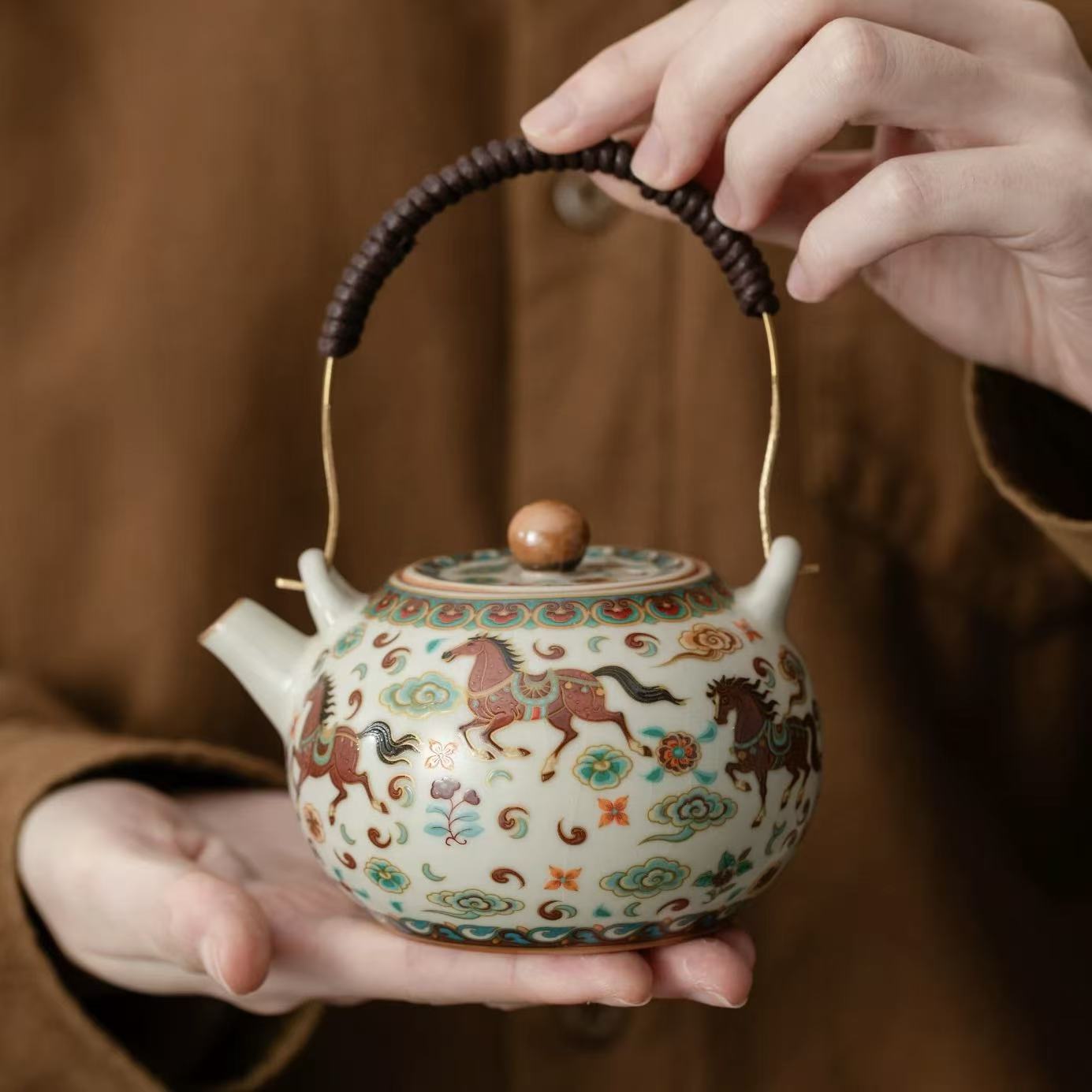 Exquisite Chinese Hand-Painted Horse Motif Tea Set
