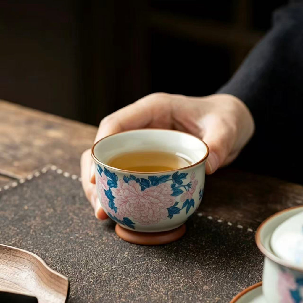 Prosperity Peony Blossom Crackle-Glaze Tea Cup*2