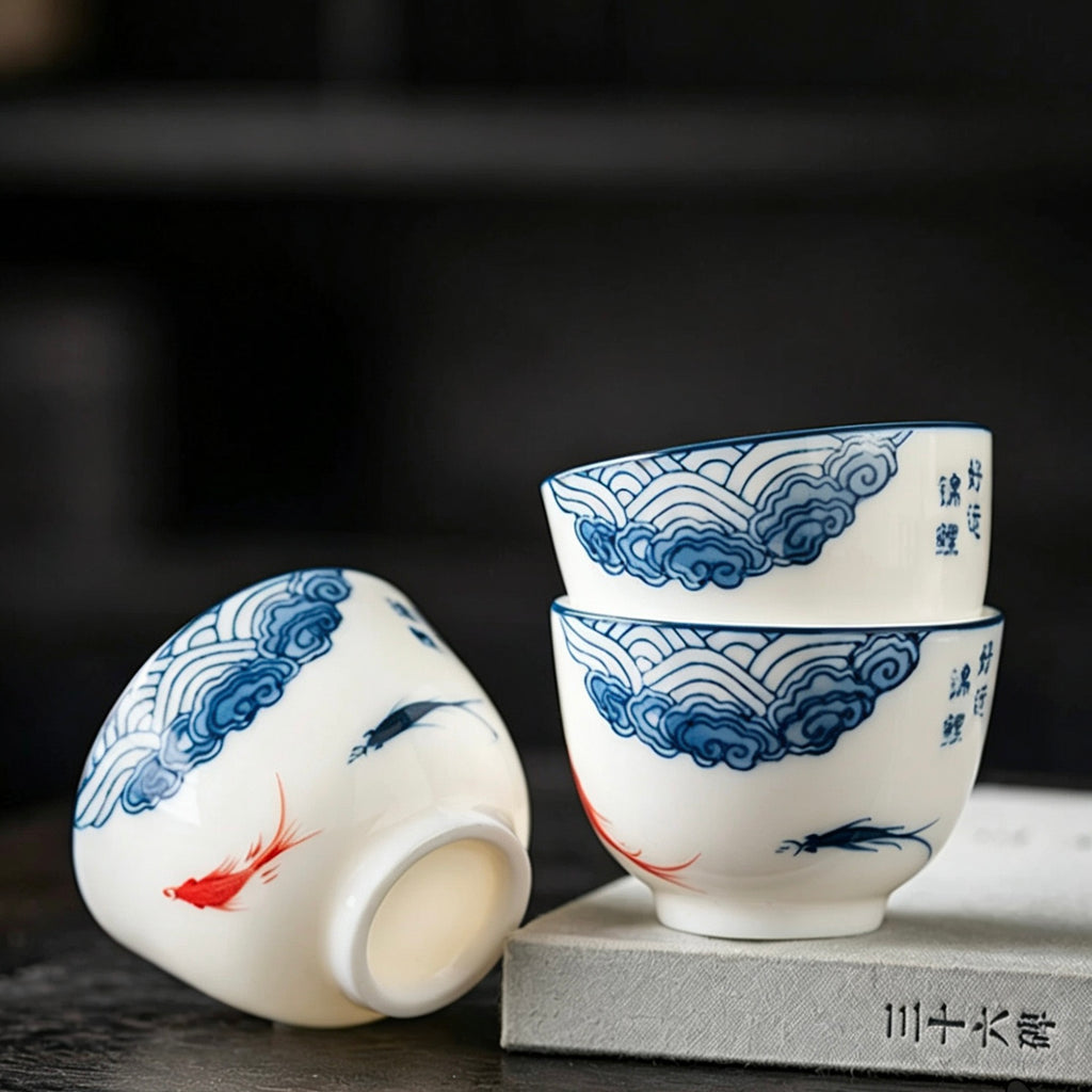 Auspicious Lucky Koi & Sea Cloud Tea Cup*2