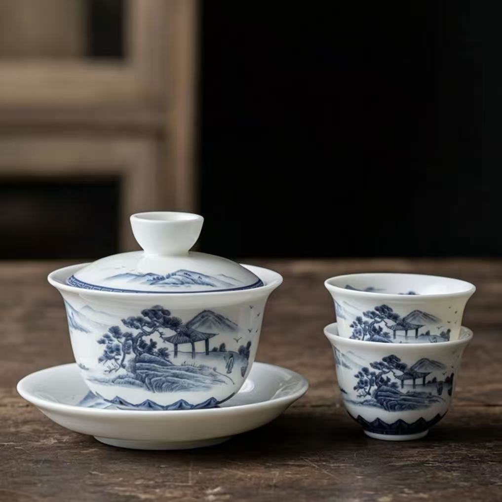 Zen Landscape: Blue &amp; White Porcelain Gaiwan Set