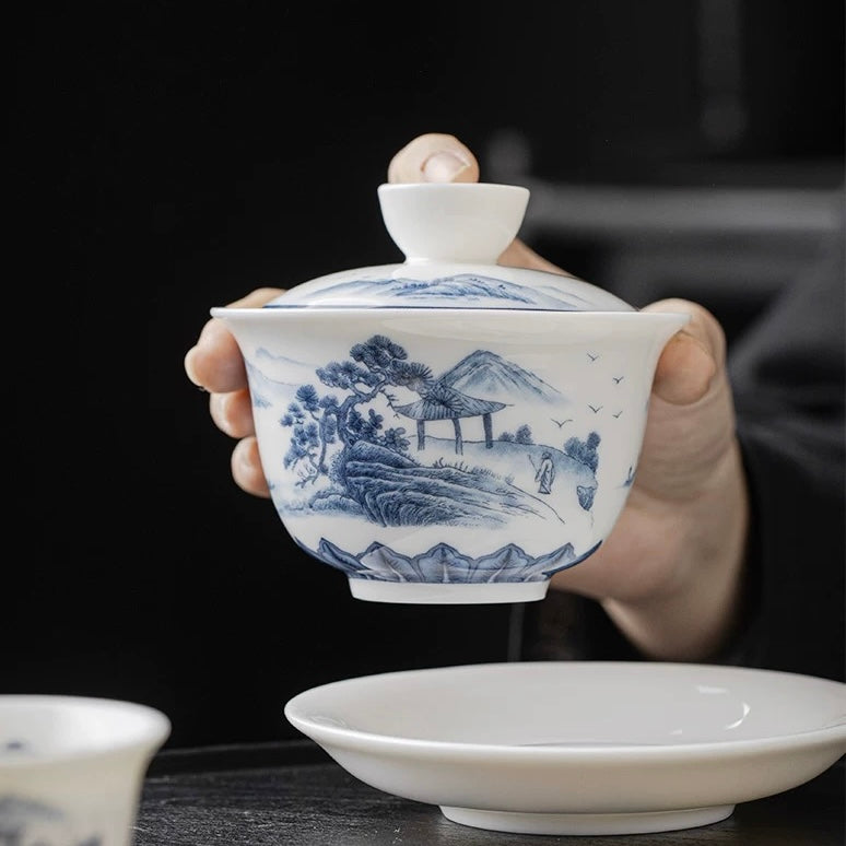 Zen Landscape: Blue &amp; White Porcelain Gaiwan Set