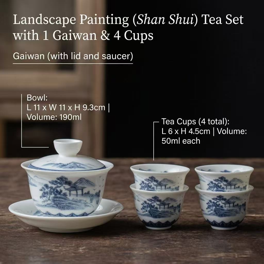 Zen Landscape: Blue &amp; White Porcelain Gaiwan Set